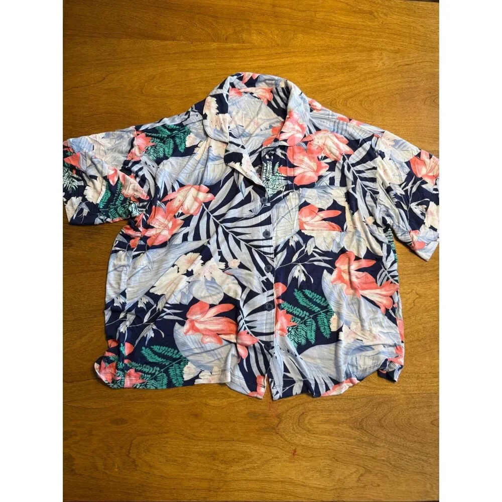 Tommy Bahama Womens Tropical Button-Up Top and Wide-Leg Pajama Set Navy Coral XL